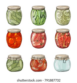Colección en diferentes jarras de vidrio con verduras caseras. Objetos dibujados a mano aislados en blanco