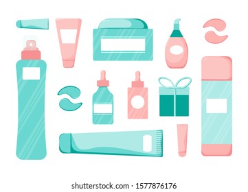 Collection on flat style. Skincare, makeup bottle cosmetics icon. Beauty woman face nature cosmetic vector illustration