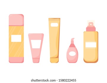 Collection on flat style. Skincare, makeup bottle cosmetics icon. Beauty woman face nature cosmetic vector illustration