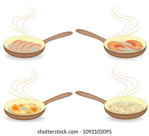 Collection. On a hot frying pan, fried onions, steak of fish, sausage, chicken meat. Preparation of delicious and nutritious food for breakfast, lunch and dinner. Set of vector illustrations.