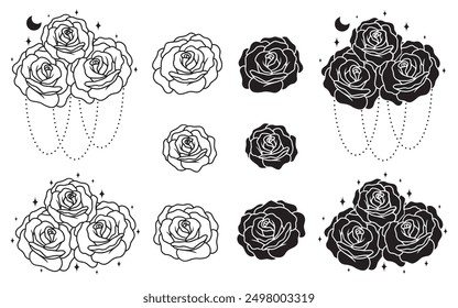 Collection on line art and silhouette roses, magical details, stars moon, individual roses, vector art set of bouquet roses