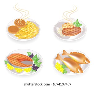 Collection. On a plate of fried cutlets, steak, fish, meat. Garnish potatoes, lemon, mushrooms, greens, parsley of dill and basil. Tasty and nutritious food. Set of vector illustrations. 