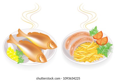 Collection. On a plate of hot fried sausages and fish. Garnish potatoes, lemon, tomato, parsley, dill. Tasty and nutritious food. Set of vector illustrations.