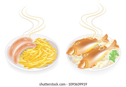 Collection. On a plate of hot fried sausages and fish. Garnish potatoes, onion and parsley. Tasty and nutritious food. Set of vector illustrations.