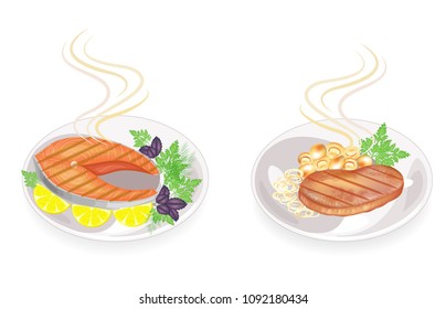 Collection. On a plate of steak grilled meat and fish. Garnish mushrooms, onions, lemon, dill greens, parsley, basil. Tasty and nutritious food. Vector illustration set.