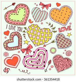 Collection on the theme of love. Vector illustration of hearts, bows, arrows and other objects