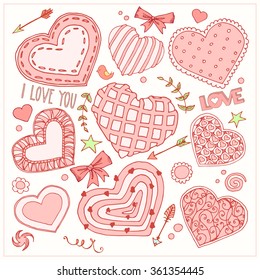 The collection on the theme of love. Vector illustration of hearts, bows, arrows and other objects