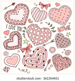 The collection on the theme of love. Vector illustration of hearts, bows, arrows and other objects