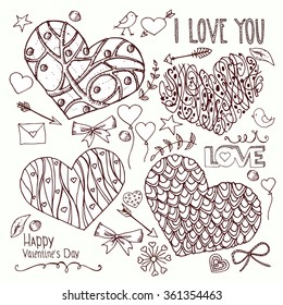 Collection on the theme of love. Vector illustration of hearts, bows, arrows and other objects