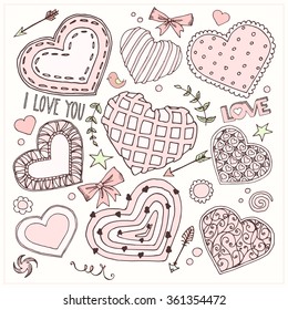 Collection on the theme of love. Vector illustration of hearts, bows, arrows and other objects