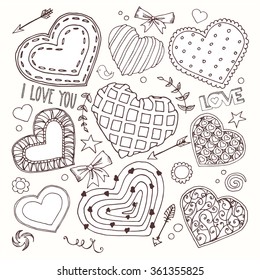 Collection on the theme of love. Vector illustration of hearts, bows, arrows and other objects
