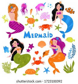 A collection on the theme of the mermaid. Image of fabulous marine life. Children's, dear. Vector stock illustration. Isolated on a white background.