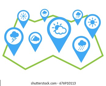 Collection on weather symbols in location icons pointing on paper map. Set of climate signs in gps pin. EPS10 vector illustration for web application, app, template, banner, travel magazine, logo etc.