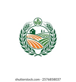 A collection of one beautifully designed circular logos featuring nature and agriculture themes. Each logo showcases elements like wheat, laurel wreaths, farmland landscapes, and eco-friendly motifs i