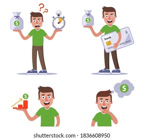 collection of one character with money. set is a good investment of money. flat vector illustration isolated on white background.