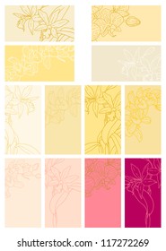 Collection of one colored, simple floral backgrounds with orchids for gift tag, business card etc.
