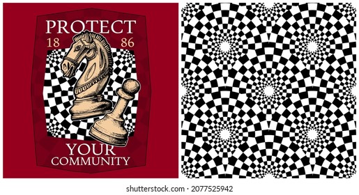 Collection of one emblem and one seamless pattern. Knight Chess figure with the pawn on a checkered background. Textile composition, hand drawn style print. Vector illustration.