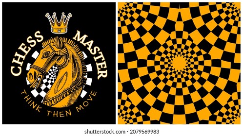 Collection of one emblem and one seamless pattern. Knight Chess figure with crown on a checkered background. Textile composition, hand drawn style print. Vector illustration.