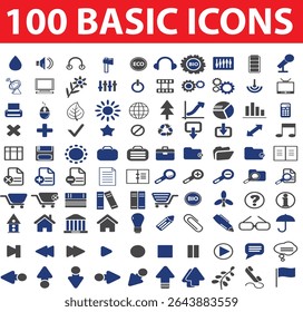 Collection of one hundred basic icons for web and graphic design elements