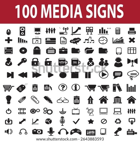 Collection of one hundred black and white media related icons and symbols