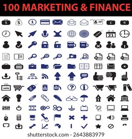 Coleção de cem ilustrações ícone representando marketing e conceitos financeiros