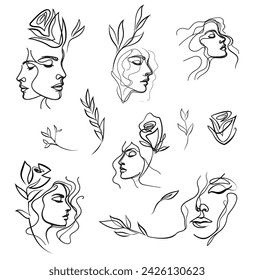 Collection of One line art roses and delicate female faces design. Hand drawn minimalism style vector illustration
