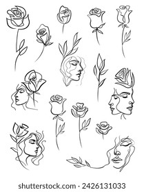 Collection of One line art roses and delicate female faces design. Hand drawn minimalism style vector illustration