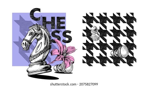 Collection of one print and one seamless Houndstooth pattern. Knight Chess figure with the lily flower on a checkered background. Textile composition, hand drawn style print. Vector illustration. 