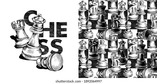 Collection of one print and one seamless pattern. Chess figures on a checkered background. Textile composition, hand drawn style print. Vector black and white illustration. 