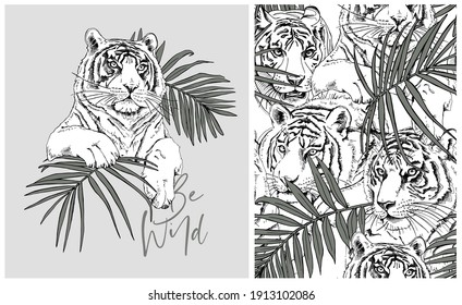 Collection of one print and one seamless pattern. Tigers with a exotic palm leaves. Creative poster, textile composition, hand drawn style print. Vector illustration.