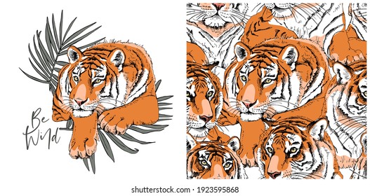 Collection of the one print and one seamless pattern. Tigers with the palm leaves. Creative textile composition, hand drawn style print. Vector illustration.