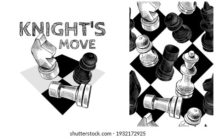 Collection of one print and one seamless pattern. Chess figures on a chessboard. Textile composition, hand drawn style print. Vector black and white illustration. 