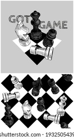 Collection of one print and one seamless pattern. Chess figures on a chessboard. Textile composition, hand drawn style print. Vector black and white illustration. 