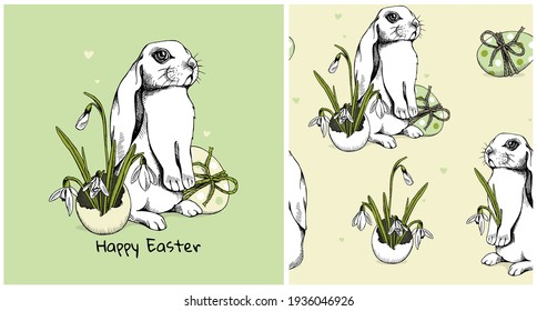 Collection of one print and one seamless pattern. Cute Bunny with the eggs and snowdrops. Easter card, Humor composition, hand drawn style print. Vector illustration.