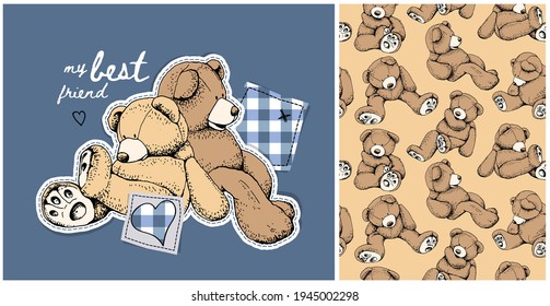 Collection of one print and one seamless pattern. Toy Teddy bears. Funny poses. Humor textile composition, hand drawn style print. Vector illustration.