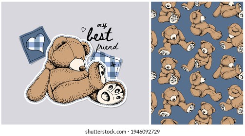 Collection Of One Print And One Seamless Pattern. Toy Teddy Bear. Funny Poses. Humor Textile Composition, Hand Drawn Style Print. Vector Illustration.