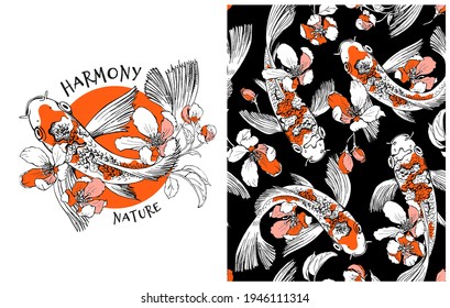 Collection of one print and one seamless pattern. Koi fishes and cherry flowers. Textile composition, hand drawn style print. Vector illustration.