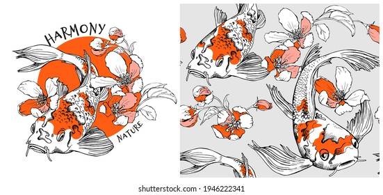 Collection of one print and one seamless pattern. Koi fishes and cherry flowers. Textile composition, hand drawn style print. Vector illustration.