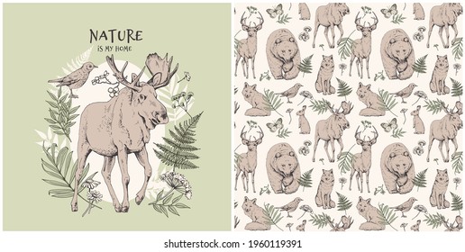 Collection of one print and one seamless pattern. Moose and forest animals with nature elements. Textile composition, hand drawn style print. Vector illustration.