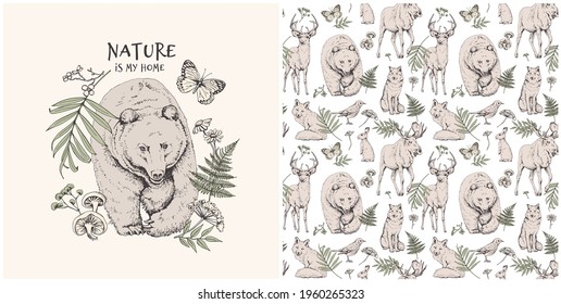 Collection of one print and one seamless pattern. Bear and forest animals with nature elements. Textile composition, hand drawn style print. Vector illustration.