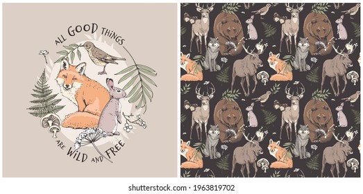 Collection of one print and one seamless pattern. Fox and forest animals with nature elements. Textile composition, hand drawn style print. Vector illustration.