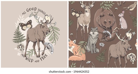 Collection of one print and one seamless pattern. Moose and forest animals with nature elements. Textile composition, hand drawn style print. Vector illustration.