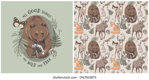 Collection of one print and one seamless pattern. Bear and forest animals with nature elements. Textile composition, hand drawn style print. Vector illustration.