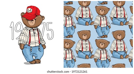 Collection of one print and one seamless pattern. Toy Teddy bears in the checkered clothes and in the red cap. Humor textile composition, hand drawn style print. Vector illustration.