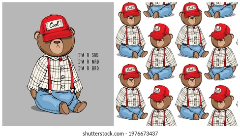 Collection of one print and one seamless pattern. Toy Teddy bears in the checkered clothes and in the red cap. Humor textile composition, hand drawn style print. Vector illustration.