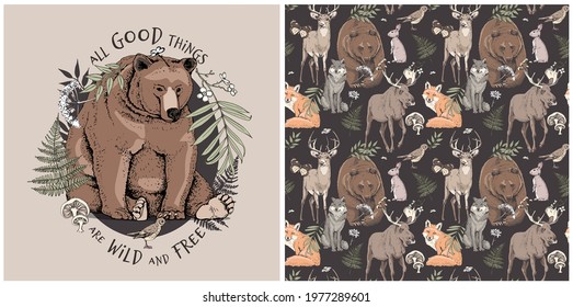 Collection of one print and one seamless pattern. Bear and forest animals with nature elements. Textile composition, hand drawn style print. Vector illustration.