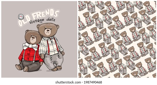 Colección de una impresión y un patrón sin fisuras. Toy Teddy lleva ropa de color rojo a cuadros con el arco. Composición textil de humor, impresión a mano. Ilustración vectorial.