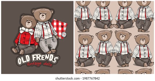 Colección de una impresión y un patrón sin fisuras. Toy Teddy lleva ropa de color rojo a cuadros con el arco. Composición textil de humor, impresión a mano. Ilustración vectorial.