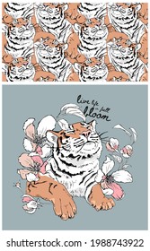Collection of one print and one seamless pattern. Tiger with the exotic flowers and leaves. Textile composition, hand drawn style print. Vector illustration.