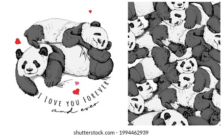 Collection of one print and one seamless pattern. Two pandas hugging and resting. Funny pose. Humor textile composition, hand drawn style print. Vector illustration.